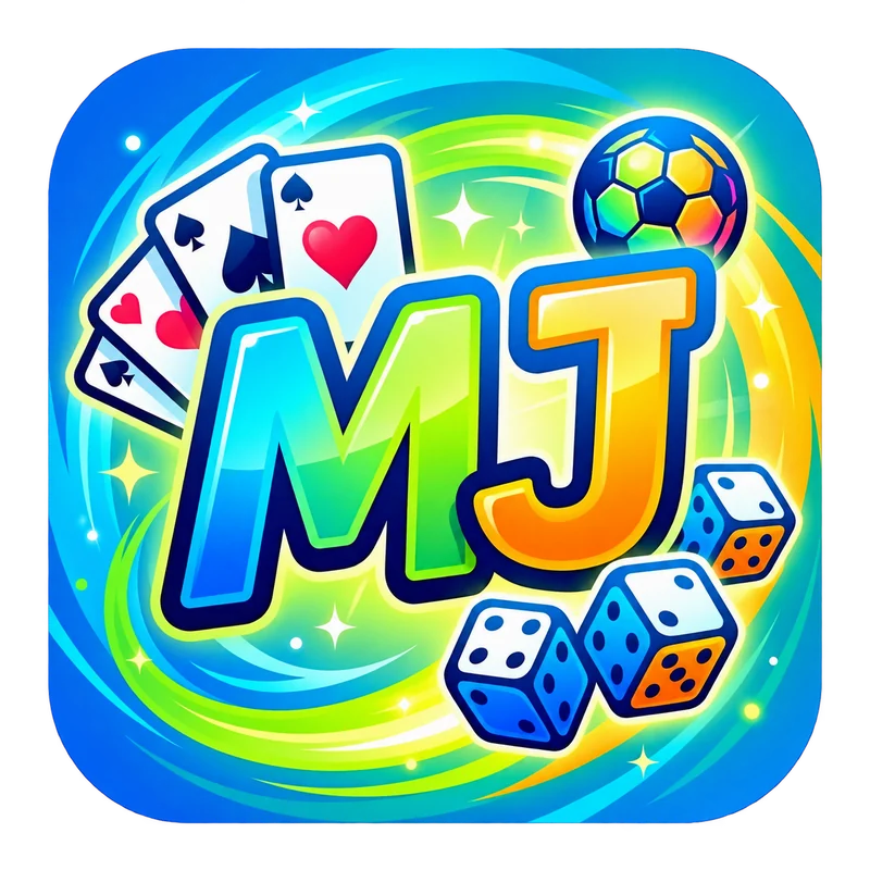 MJ 品牌图标：彩色 MJ 字母、纸牌、足球与骰子